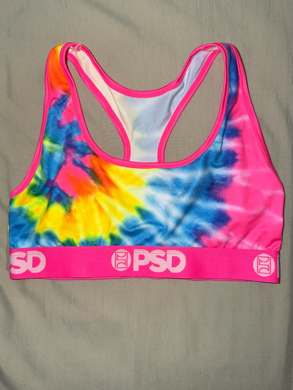 PSD Racerback Sports Bra in Neon Pink Trim with Pastel Tie-Dye